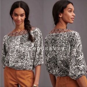 ANTHROPOLOGIE Sweatshirt Top Floral Black White Top Size M NWT